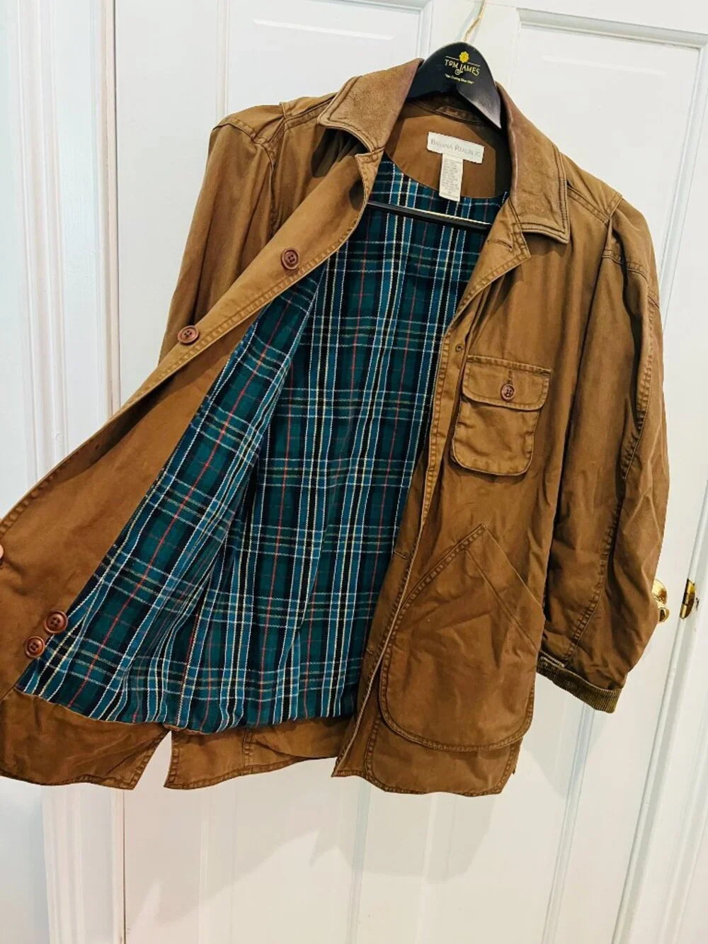 Vintage 90s Banana Republic Mens XS Flannel Lined Leather Collar Chore Jacket